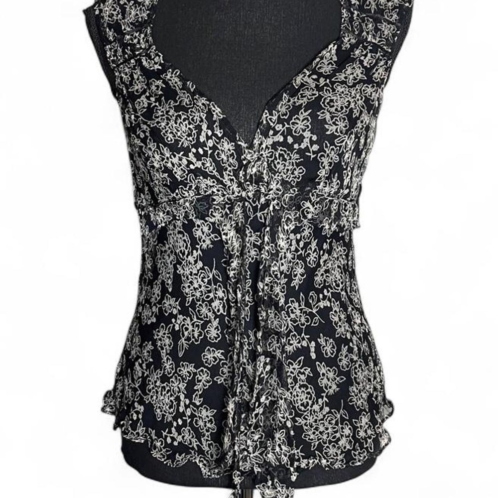 sheer black & white floral print rayon blouse with tie front detail